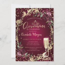 Pearls Prosecco Diamond Burgundy Rose Quinceañera Einladung