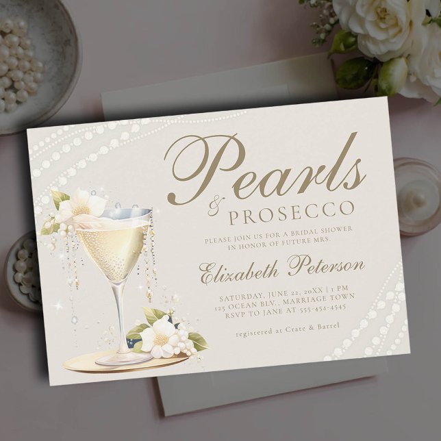 Pearls Prosecco Elegantes Chic Brunch Brautparty Einladung (pearls and prosecco bridal brunch invitation champagne glass ivory ecru elegant modern classic chic)