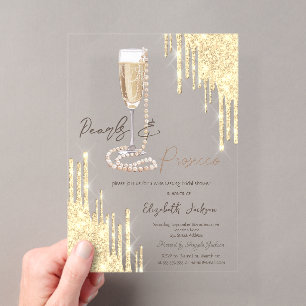 Pearls Prosecco Gold Glitzer Tropfen Brautparty Acryleinladungen