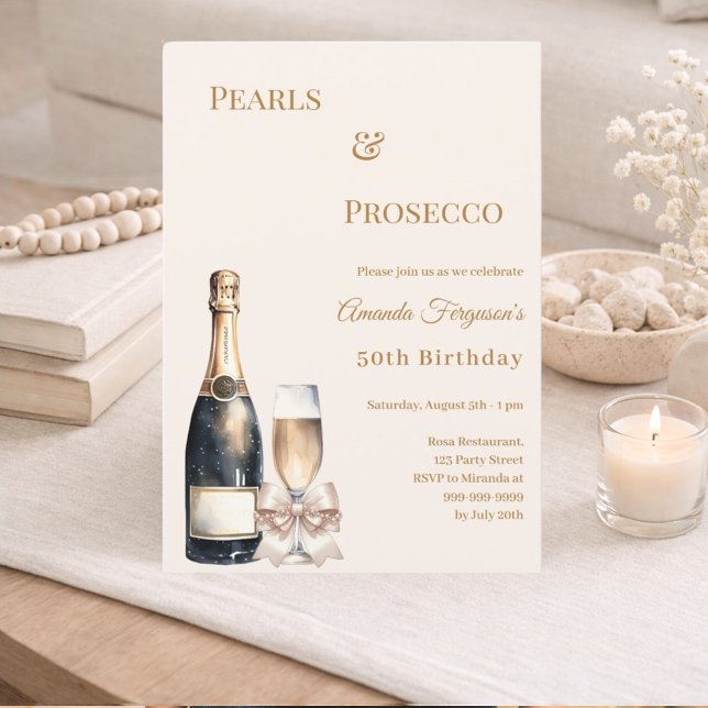 Pearls Prosecco ivory bow elegant birthday  Einladung (Von Creator hochgeladen)