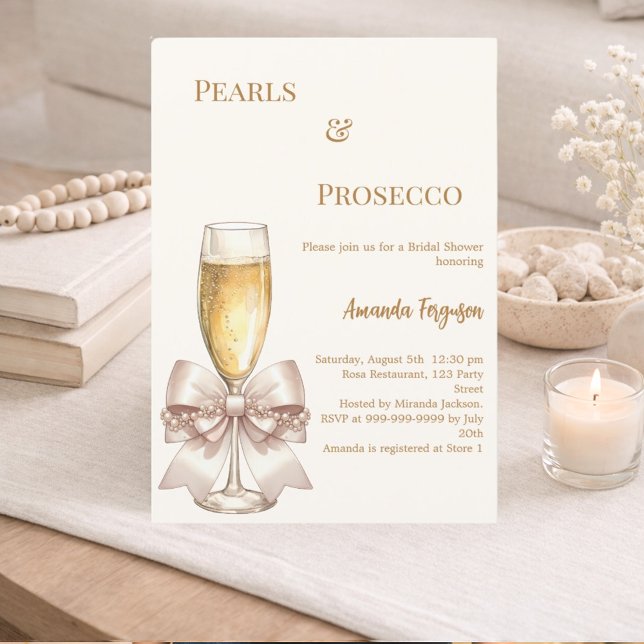 Pearls Prosecco ivory golden bow Bridal Shower Einladung (Von Creator hochgeladen)