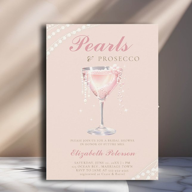 Pearls Prosecco Peach Pink Bubbly Brautparty Einladung (pearls and prosecco bridal shower invitation peach pink bubbly gold calligraphy elegant classic chic)