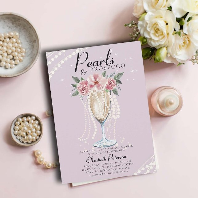 Pearls Prosecco Petals Lilac Brunch Brautparty Einladung (pearls and prosecco bridal shower invitation brunch bubbly champagne garden outdoors modern lilac)