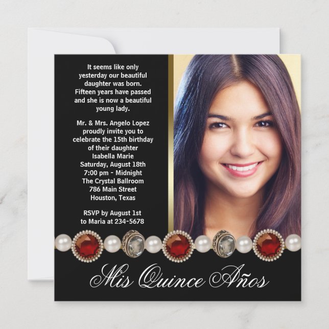 Pearls Ruby Red Black Gold Foto Quinceanera Einladung (Vorderseite)