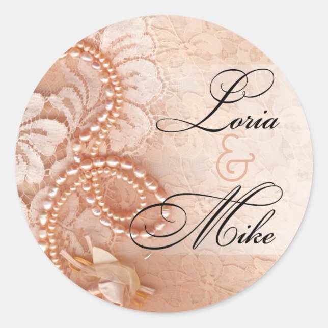 Pearls und Lace Favor | Pfirsich Runder Aufkleber (Vorderseite)