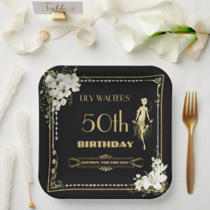 Pearls White Floral Art Deco Gatsby 20 s Geburtsta Pappteller