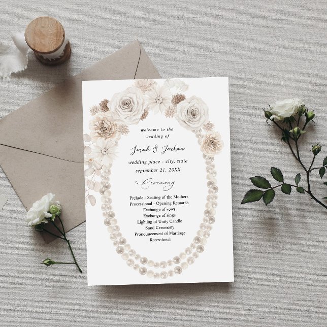 Pearls & White Floral Wedding Program Einladung (Von Creator hochgeladen)