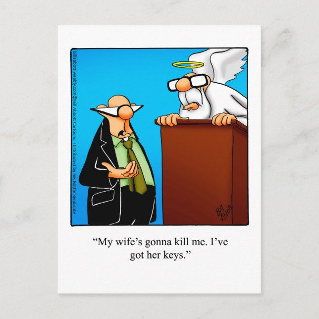 Pearly Gates Spaß "Schlüssel der Ehefrau Got" Postkarte (Vorderseite)