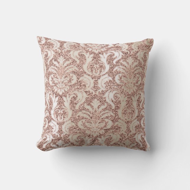 Pearly Ivory Damask Pink Rose Gold Glitzer Metalli Kissen (Vorderseite)