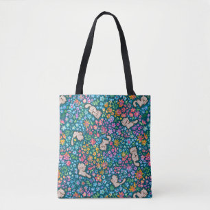 Pebbles skurriler Garten Graue Katze und helle Blu Tasche