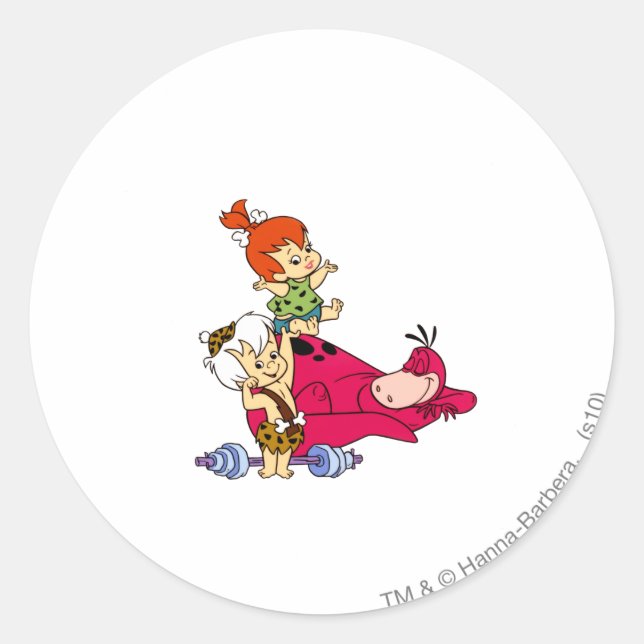 PEBBLES™ und Bam Bam und Dino Playtime Runder Aufkleber (Vorderseite)