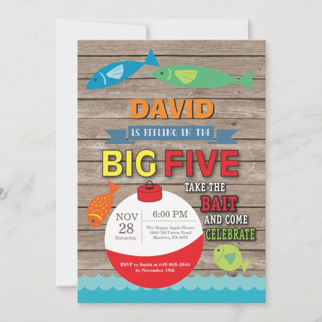 Pêche 5e anniversaire Invitation Big Five Rustic (Devant)