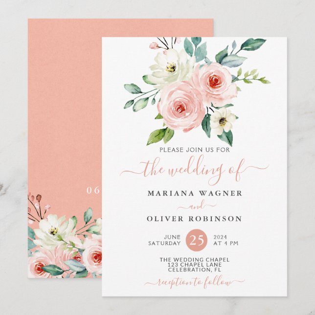 Pêche blanc Aquarelle Faire-part de mariage Floral (Devant / Derrière)