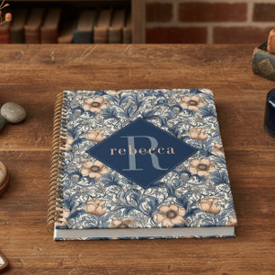 Pêche Bleu Floral William Morris Élégant Monogramm