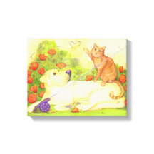 Pêche Chien et Chat / Toile enrobée 14" x 11"