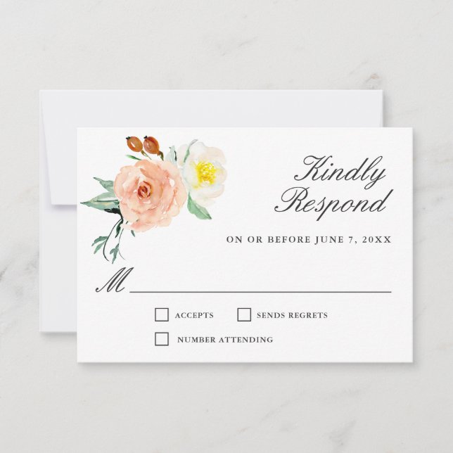 Pêche et aquarelle blanche Mariage floral RSVP (Devant)