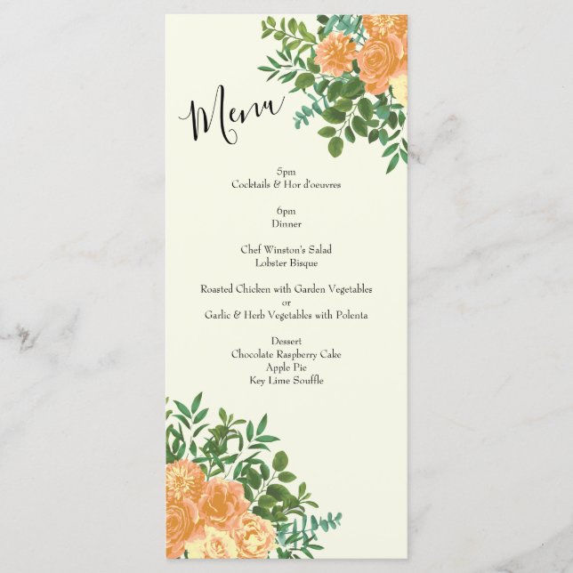 Pêche et ivoire Peony et Rose Floral Mariage Menu (Devant)