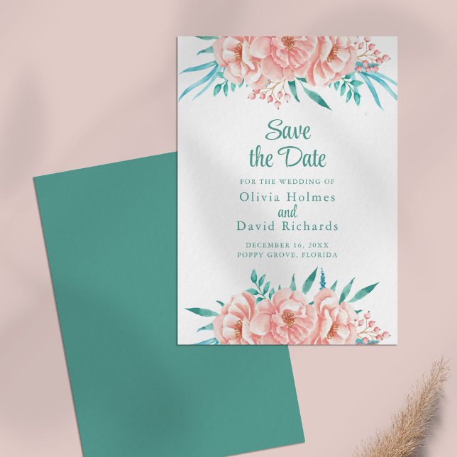 Pêche et turquoise Enregistrer la carte Date (Peach and Turquoise Save the Date Card on a pale pink table.)