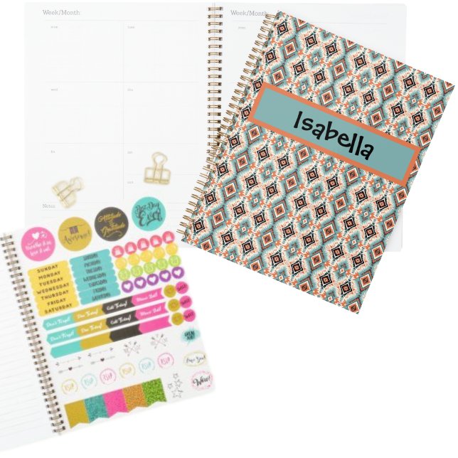 Pêche Turquoise Tribal Aztèque Ouest (Aztec Western Planner includes stickers, which is customized with your name)