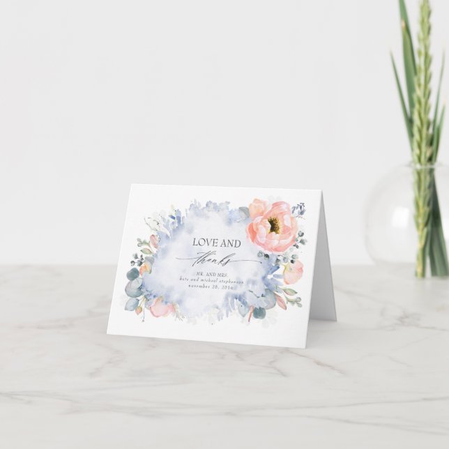 Pêcher Floral Élégant Dusty Blue Mariage Merci (Devant)