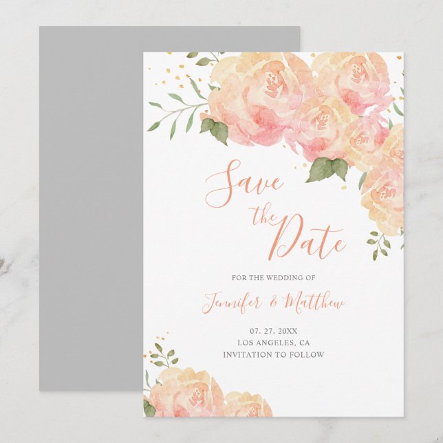 Pêcher Rose Floral Mariage Enregistrer la carte de (Devant / Derrière)