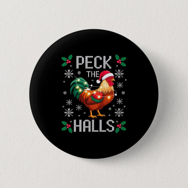 Peck The Halls Chicken Christmas Lights Snowflakes Button (Vorderseite)