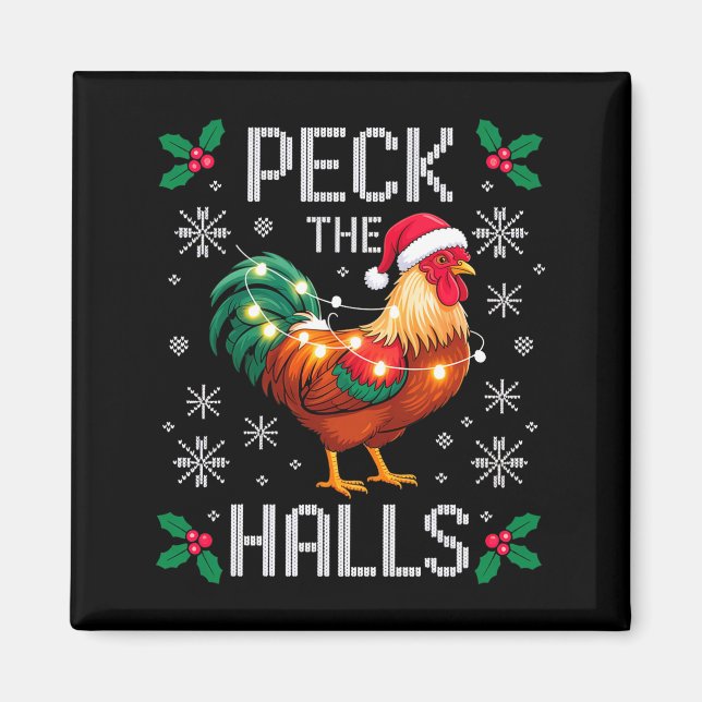 Peck The Halls Chicken Christmas Lights Snowflakes Magnet (Vorne)