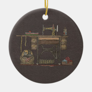Pedal-Nähmaschine u. Kätzchen Keramikornament