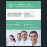 Pediatric Clinic Doctor Logo Photo QR Green Flyer<br><div class="desc">Professional pediatric clinic flyer with front-side space for logo,  photo,  services,  key information,  and contact details. The back includes a QR code for staying connected along with replaceable social media icons. Ideal for clear,  friendly communication with parents and caregivers. Visit the store for more coordinated business marketing designs.</div>