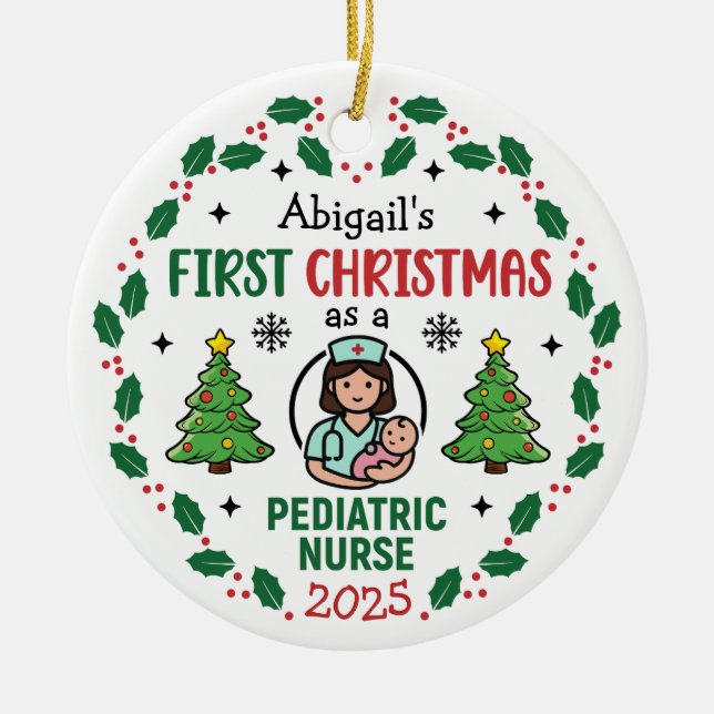 Pediatric Nurse First Christmas Tree Personalized  Keramik Ornament (Vorne)