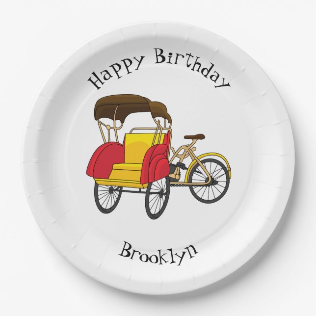 Pedicab Rickshaw Cartoon Illustration Pappteller (Vorderseite)