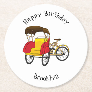 Pedicab Rickshaw Cartoon Illustration Runder Pappuntersetzer