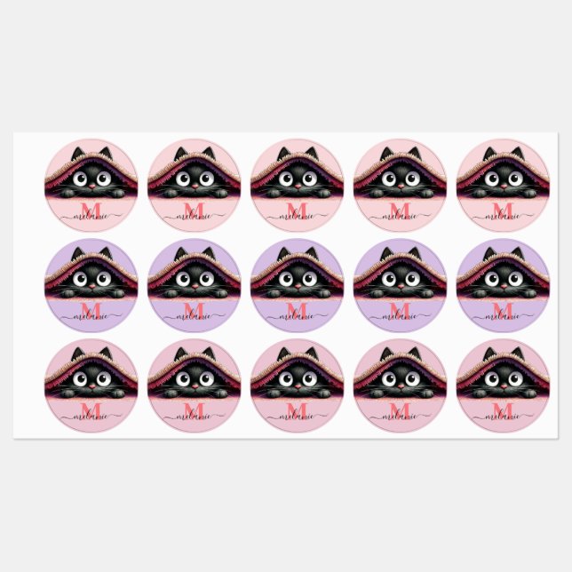 Peek-a-Boo Kätzchen Skript Name Monogram Mädchen'  Etiketten (Blatt)
