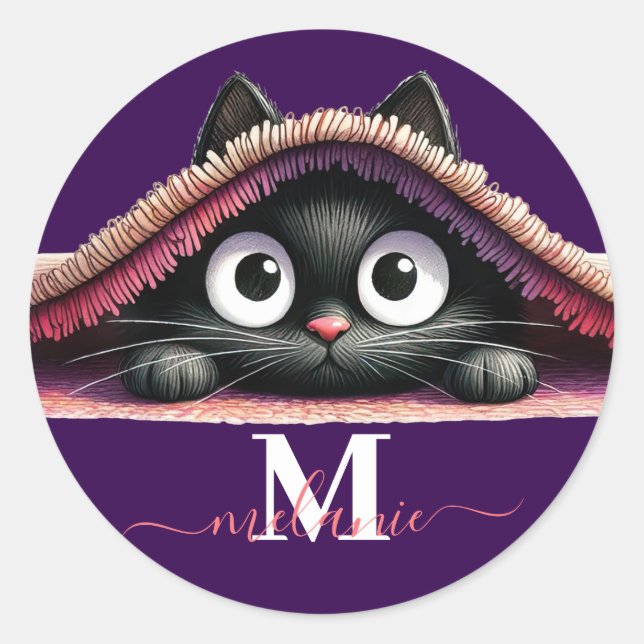 Peek-a-Boo Kitten Script Name Monogram Girls' Runder Aufkleber (Vorderseite)
