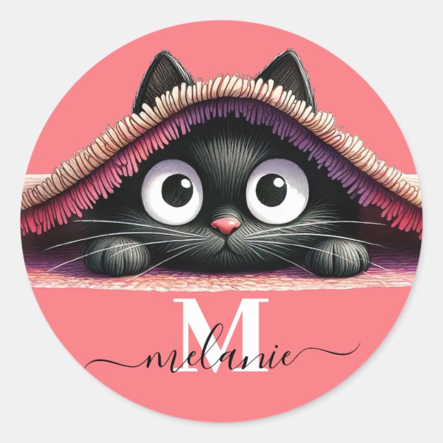 Peek-a-Boo Kitten Script Name Monogram Girls'  Runder Aufkleber (Vorderseite)