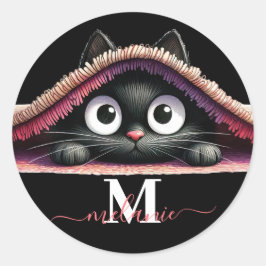 Peek-a-Boo Kitten Script Name Monogram Girls' Runder Aufkleber