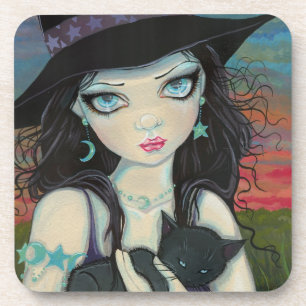 Peekaboo Hexe und Cat Halloween Fantasy Art Getränkeuntersetzer