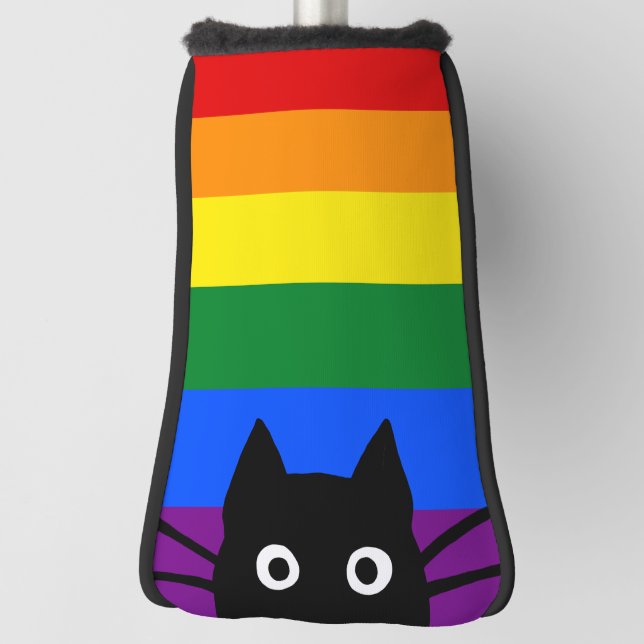 Peeking Black Cat Rainbow Flag Golf Headcover (Rotieren 90)