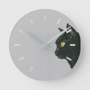 Peeking Black Cat Watercolor Runde Wanduhr