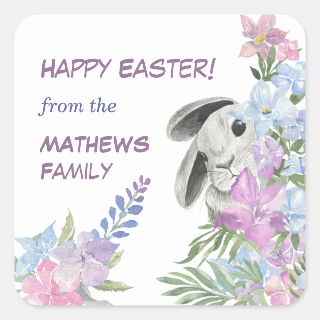 Peeking Bunny Floral Bouquet Oaster Quadratischer Aufkleber (Vorderseite)