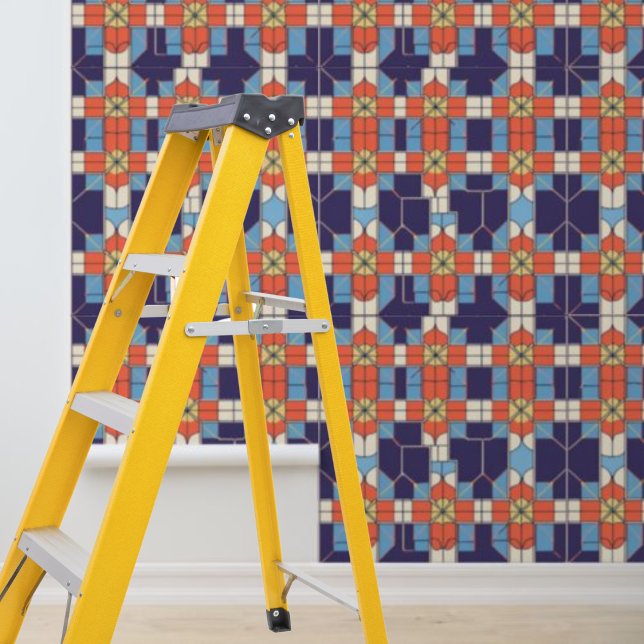 Peel Stick Artdeco Tiles Muster Blau Orange Tapete (Peel Stick Artdeco Tiles Pattern Blue Orange Wallpaper)