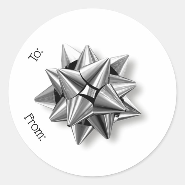 Peel & Stick Silver Bow Weihnachtsgeschenk Tag Runder Aufkleber (Vorderseite)