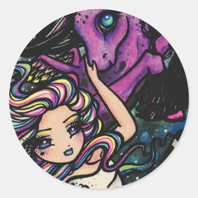 Pegasus Cosmic Rainbow Star Fairy Girl Fantasy Runder Aufkleber (Vorderseite)