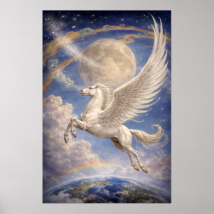 Pegasus fliegt zwischen Erde und Mond Fantasy-Kuns Poster