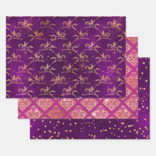 Pegasus & Gold Blumenmuster in Lila & Rosa Geschenkpapier Set