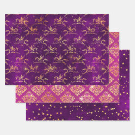 Pegasus & Gold Floral Pattern in Purple & Pink Geschenkpapier Set