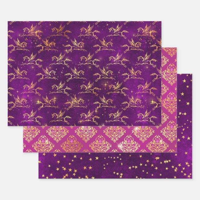 Pegasus & Gold Floral Pattern in Purple & Pink Geschenkpapier Set (Set)