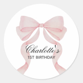 Pegatina Pink Bow Girl First Birthday Runder Aufkleber