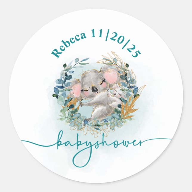 Pegatina redonda Baby Shower "Baby Koala" Runder Aufkleber (Vorderseite)