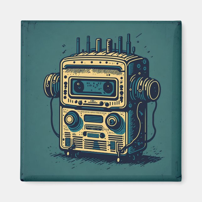 Pegatina Redonda Vintage niedliche Roboterkassette Magnet (Vorne)
